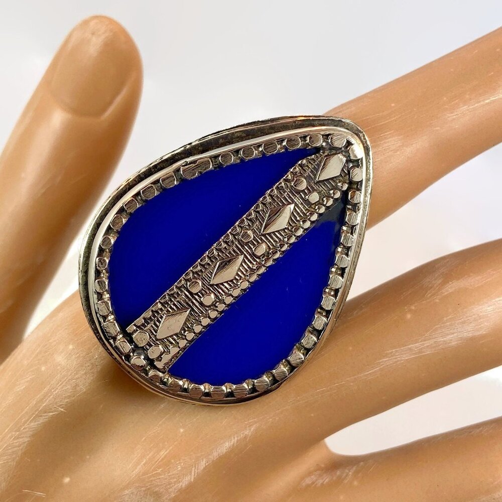 Vintage Ring, Afghan, Cobalt Blue: Middle Eastern, Silver, Ethnic, Bohemian, Big